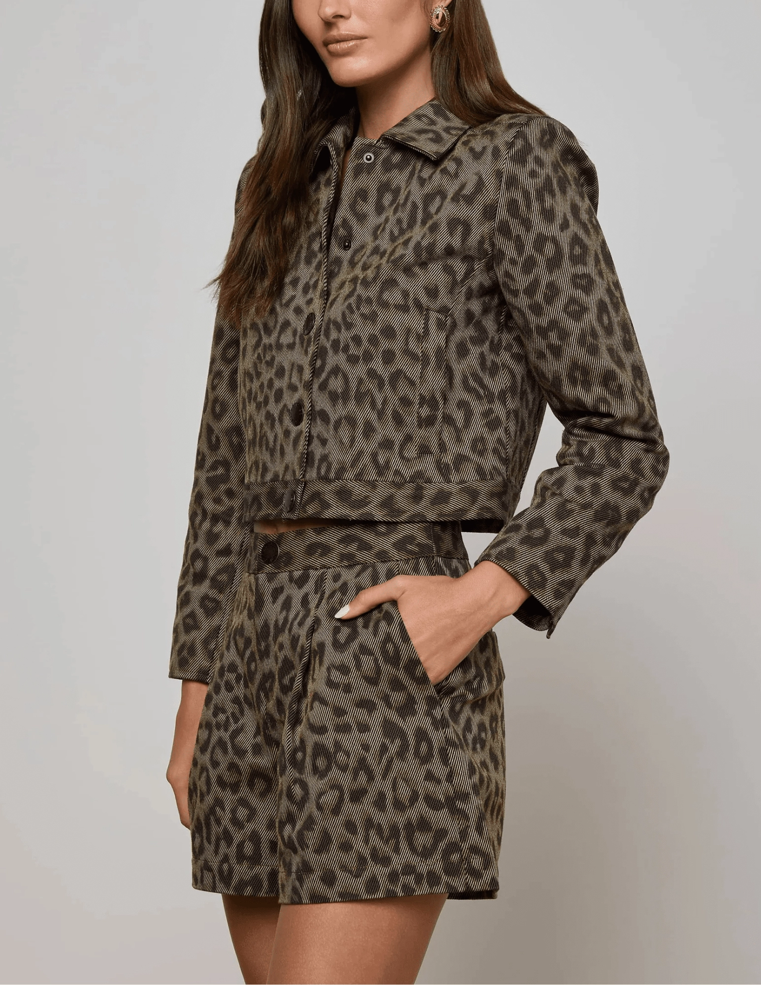 L'AGENCE Marla Cropped Cotton Jacke in Tan Multi Leopard Soft Touch Chilly Wear