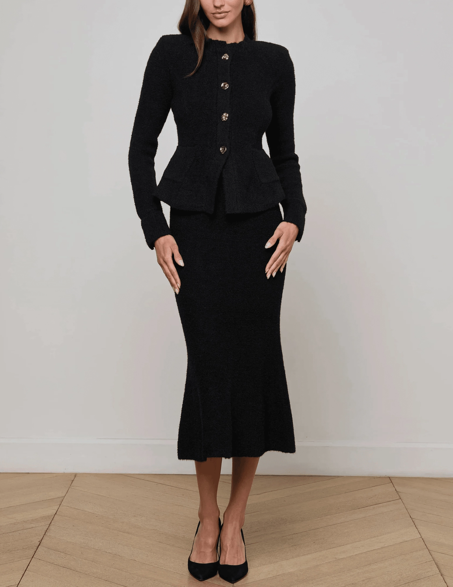 L'AGENCE Melissa Knit Flare Cardigan in Black Gold Versatile Style