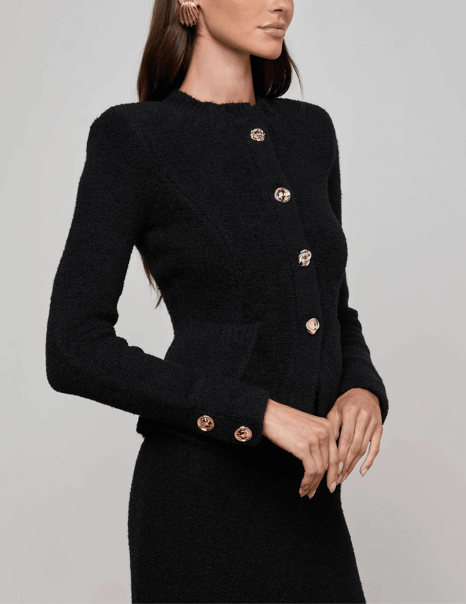 Cozy Knitwear Chilly Look L'AGENCE Melissa Knit Flare Cardigan in Black Gold