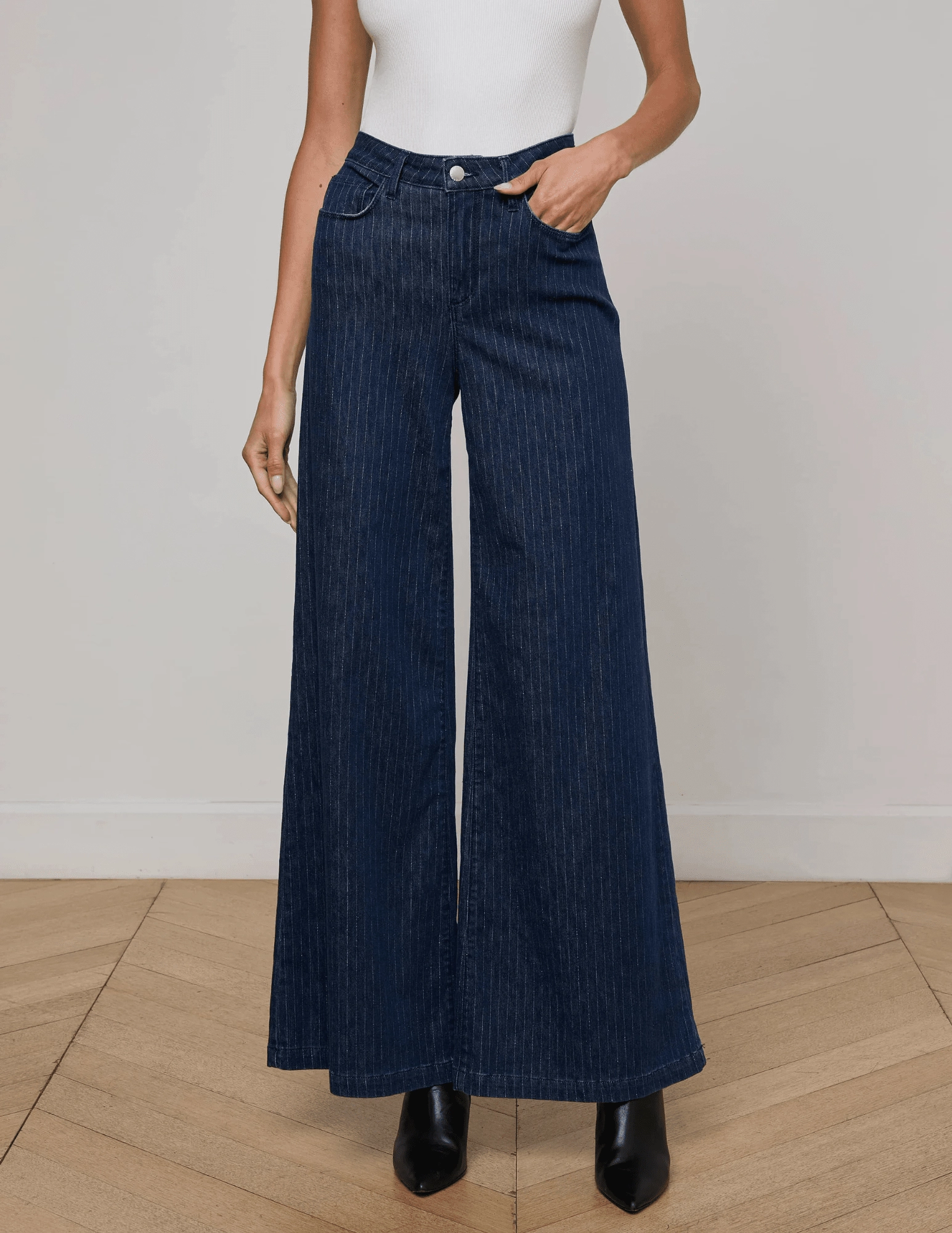 L??AGENCE Quincy High Rise Ultra Wide Leg Jeans in Ebony Stripe Smart Casual Spring Mood Formal