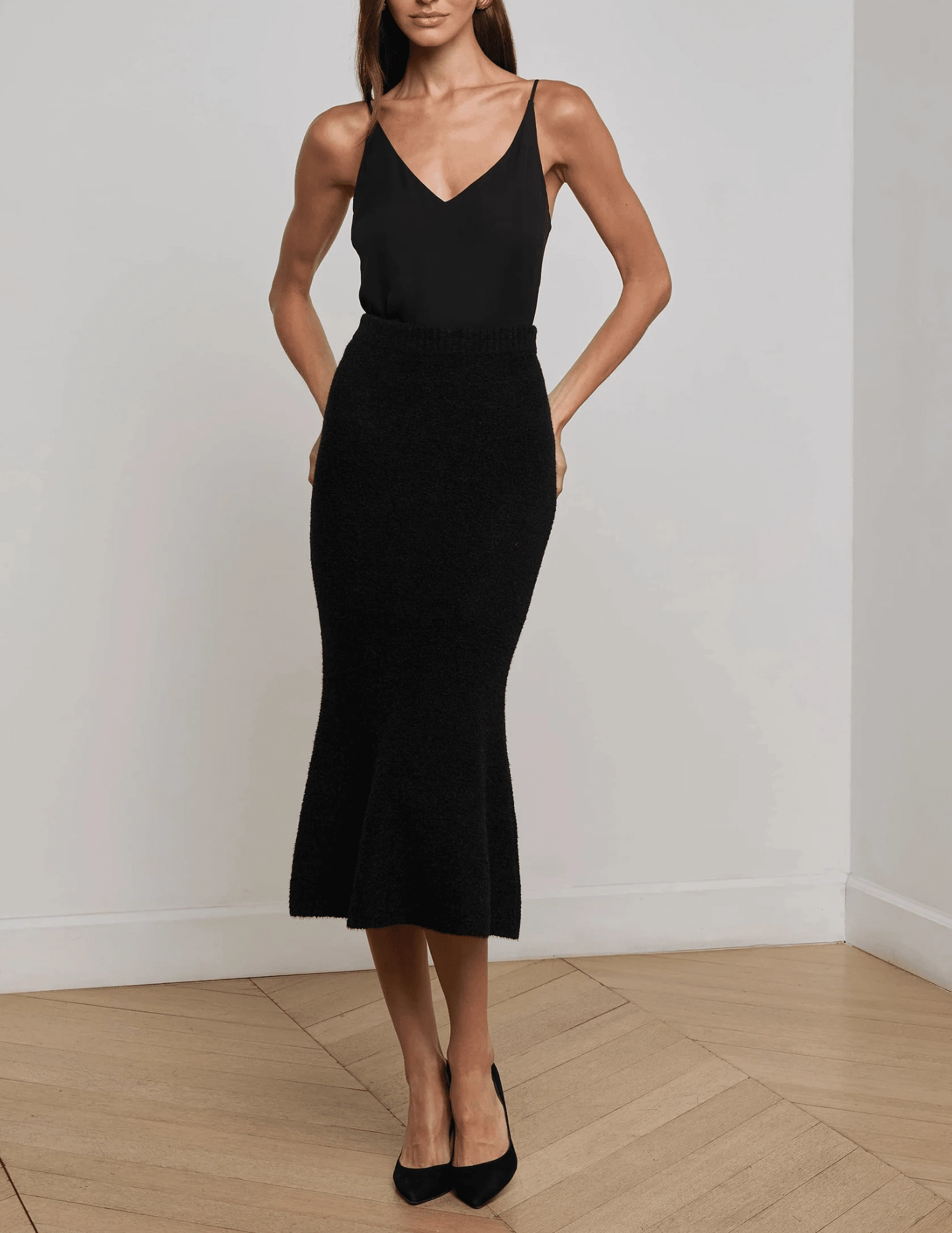 L'AGENCE Salem Knit Flare Midi Skirt in Black Classy Fit