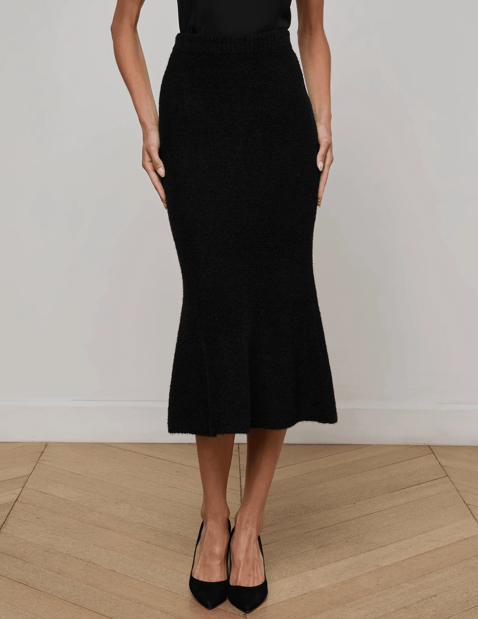 Multi Purpose L'AGENCE Salem Knit Flare Midi Skirt in Black