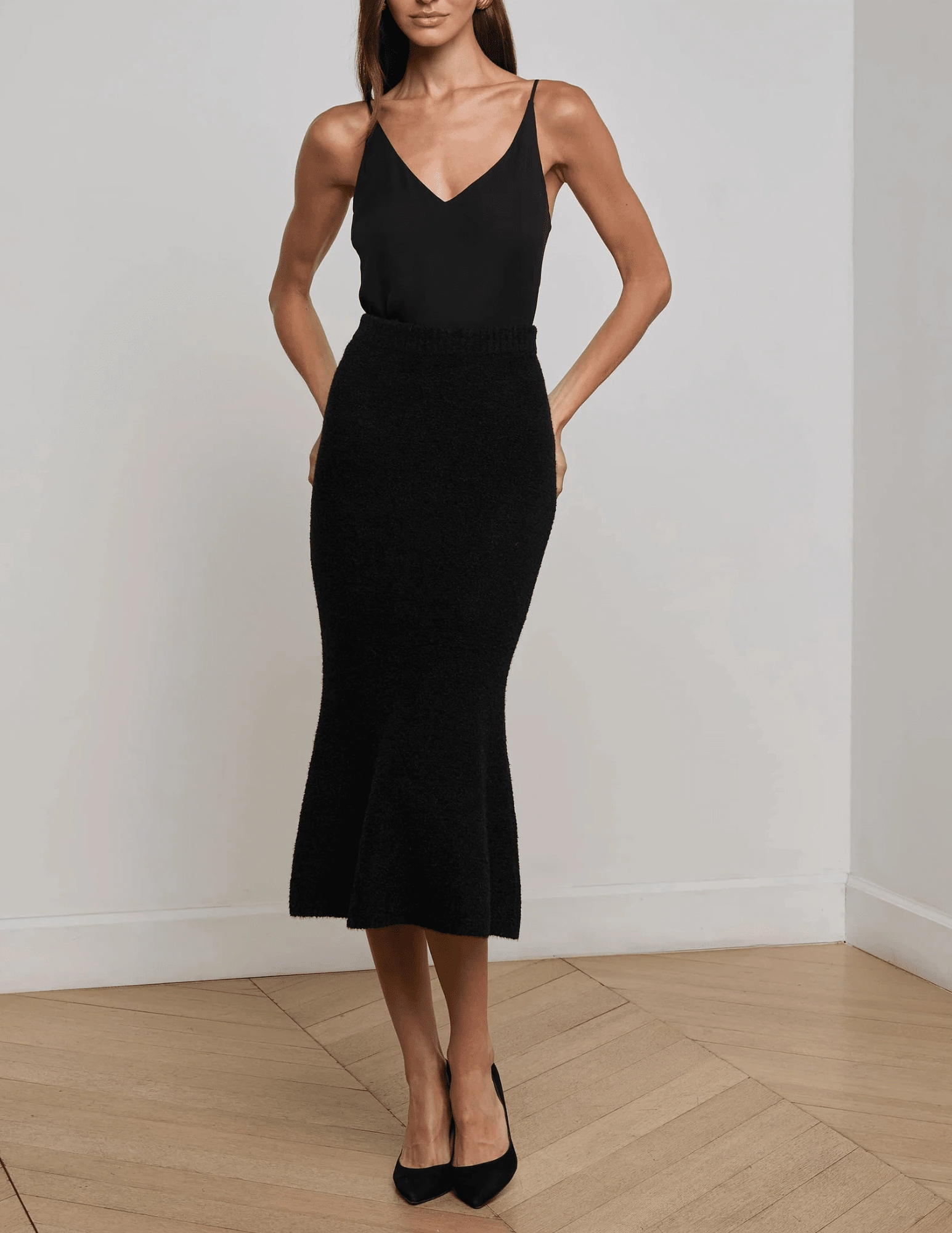 Curvy Fit L'AGENCE Salem Knit Flare Midi Skirt in Black