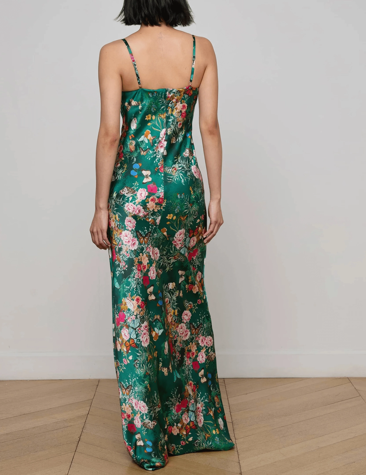 Natural Style Comfy Shape L'AGENCE Sayla Silk Maxi Dress in Bottle Green Multi Charonda Butterfly