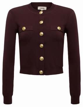 Sustainable Production Certified Casual Chic Knit L'AGENCE Toulouse Cropped Crew Neck Cardigan in Chocolate Gold
