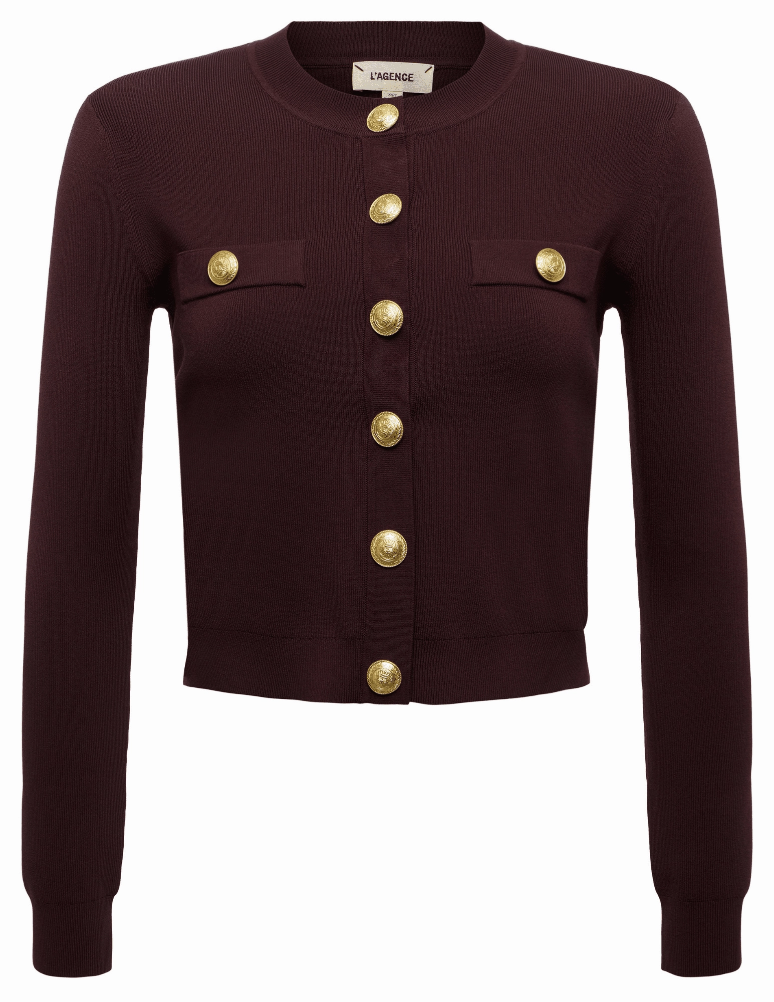 Multi Directional Zipper Placement Comfortable Cut L'AGENCE Toulouse Cropped Crew Neck Cardigan in Chocolate Gold