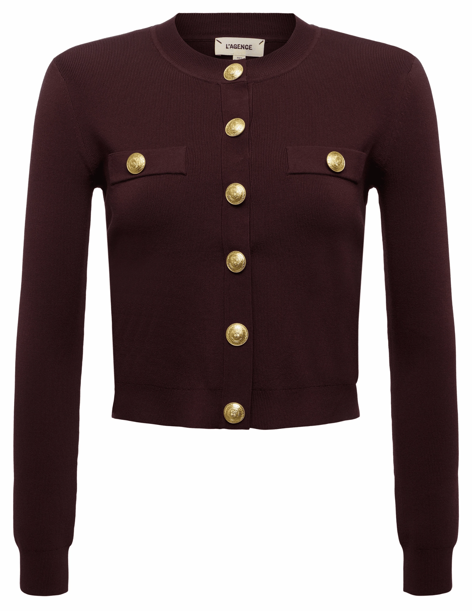 L'AGENCE Toulouse Cropped Crew Neck Cardigan in Chocolate Gold Comfy Wearable Warm and Cozy