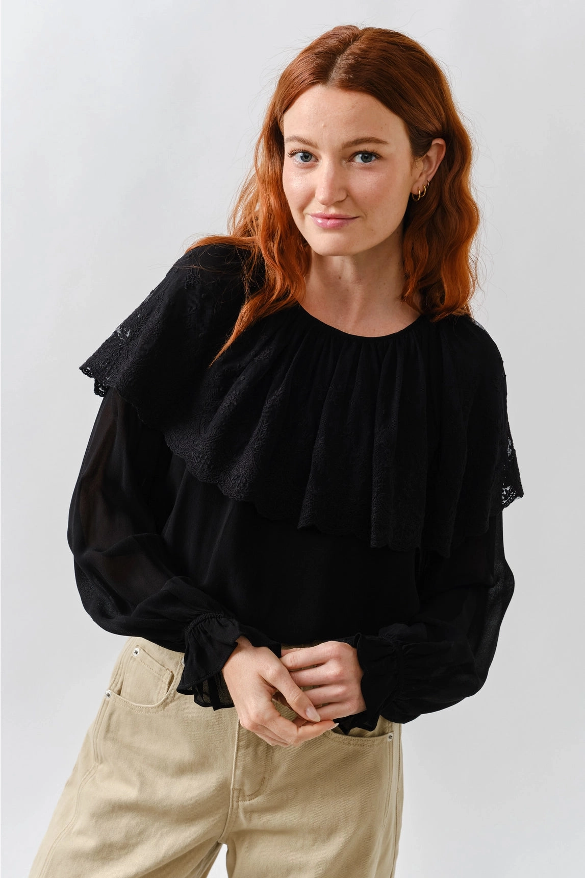 Lace Cape Blouse Top - Black Reinforced Seam Technique AntiStaticFinish