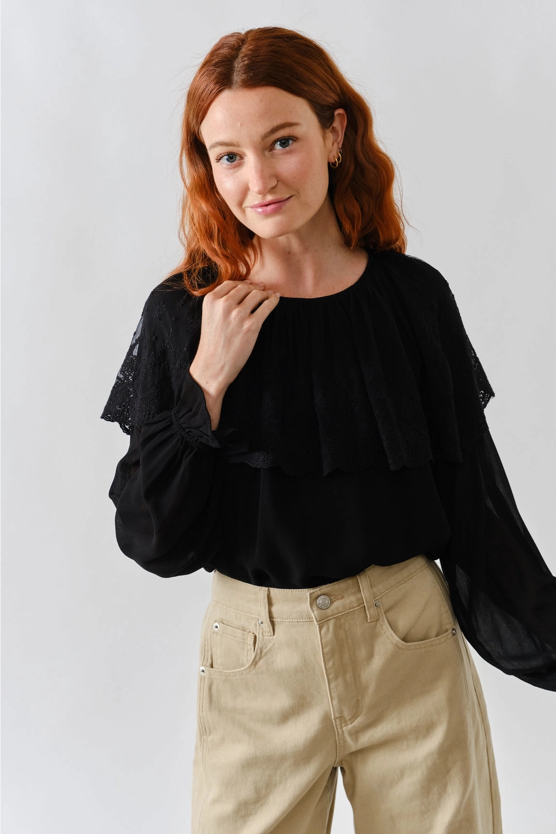 Lace Cape Blouse Top - Black ThermalRegulating