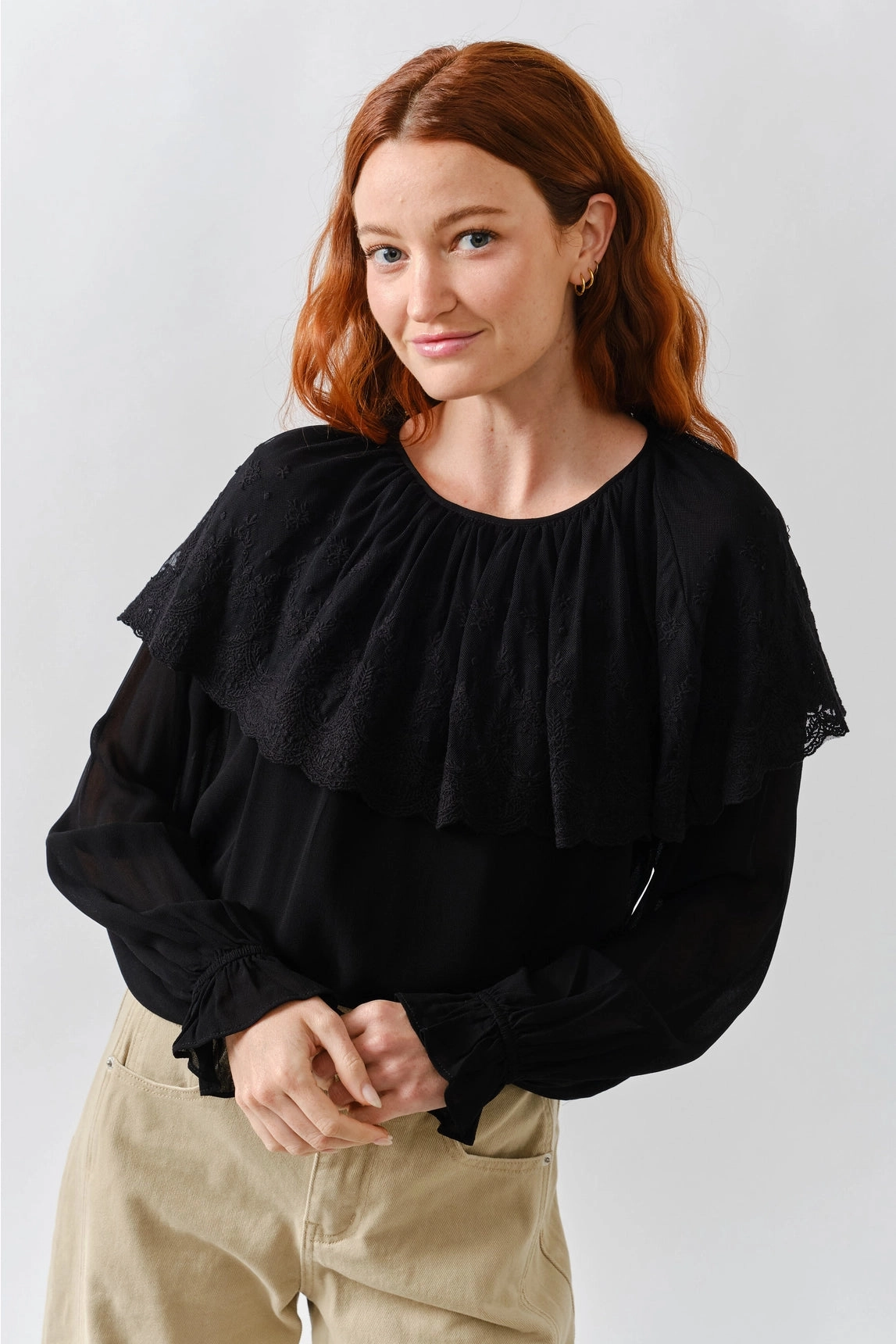 Lace Cape Blouse Top - Black Curved Hem Design EcoCertified Textile