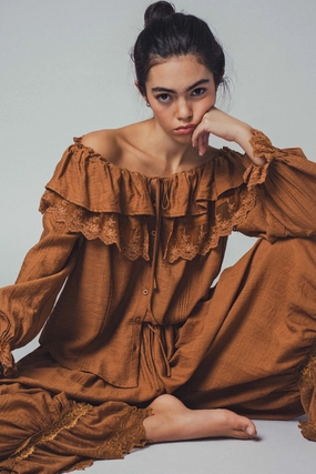 Soft Brushed Finish Lace Ruffled Blouse - Brown