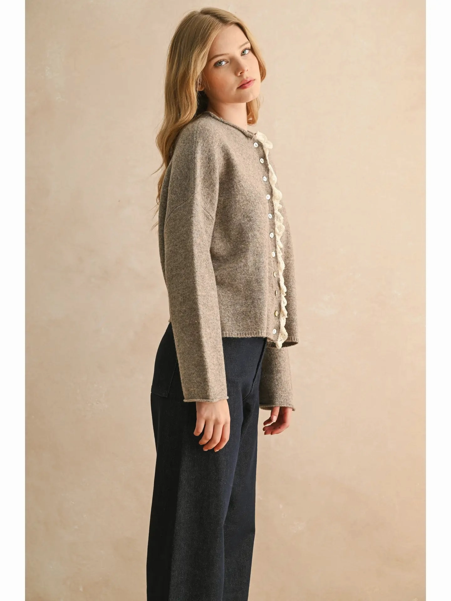 Lace Trim Knitted Cardigan Relaxed Design All-Purpose