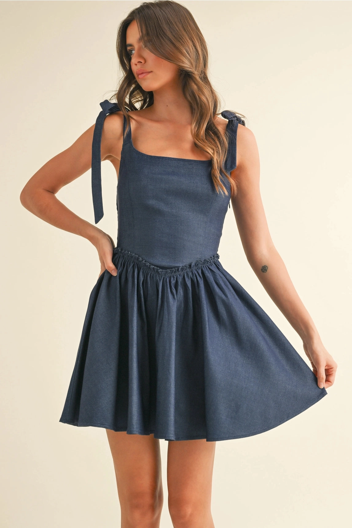 EthicallySourcedMaterial Neutral Tone Stitching Lace Up Flared Mini Dress - Dark Blue