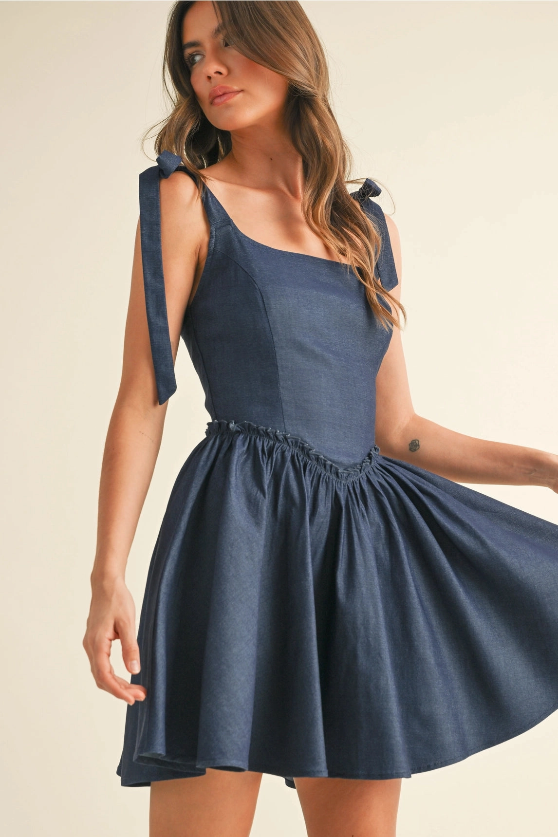 HypoallergenicFiber Lace Up Flared Mini Dress - Dark Blue