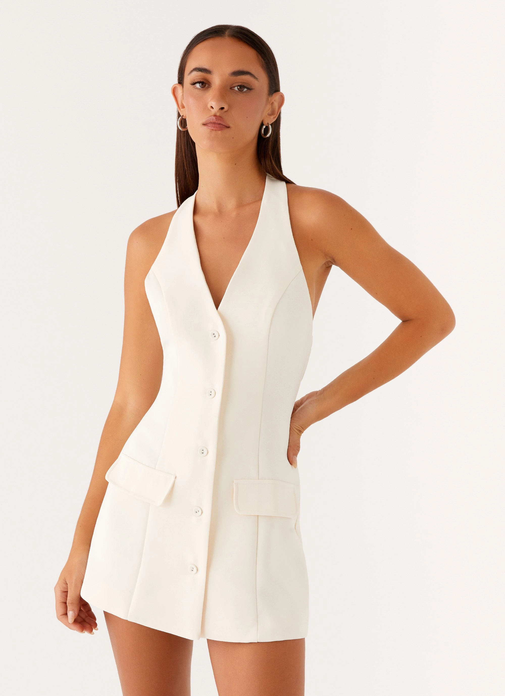 Mira Halter Neck Mini Dress - Ivory Neutral Look