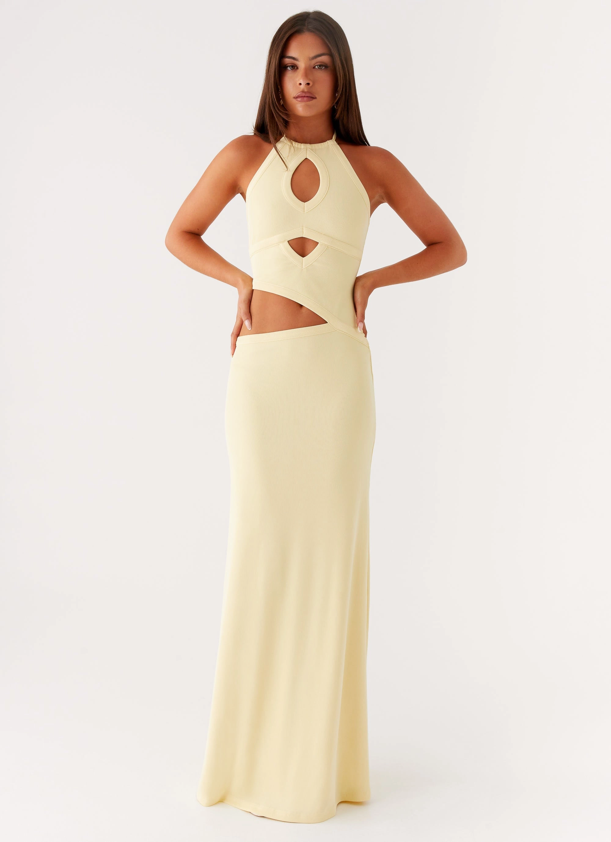 Lanah Cut Out Maxi Dress - Yellow Front-Slit Layered Movement