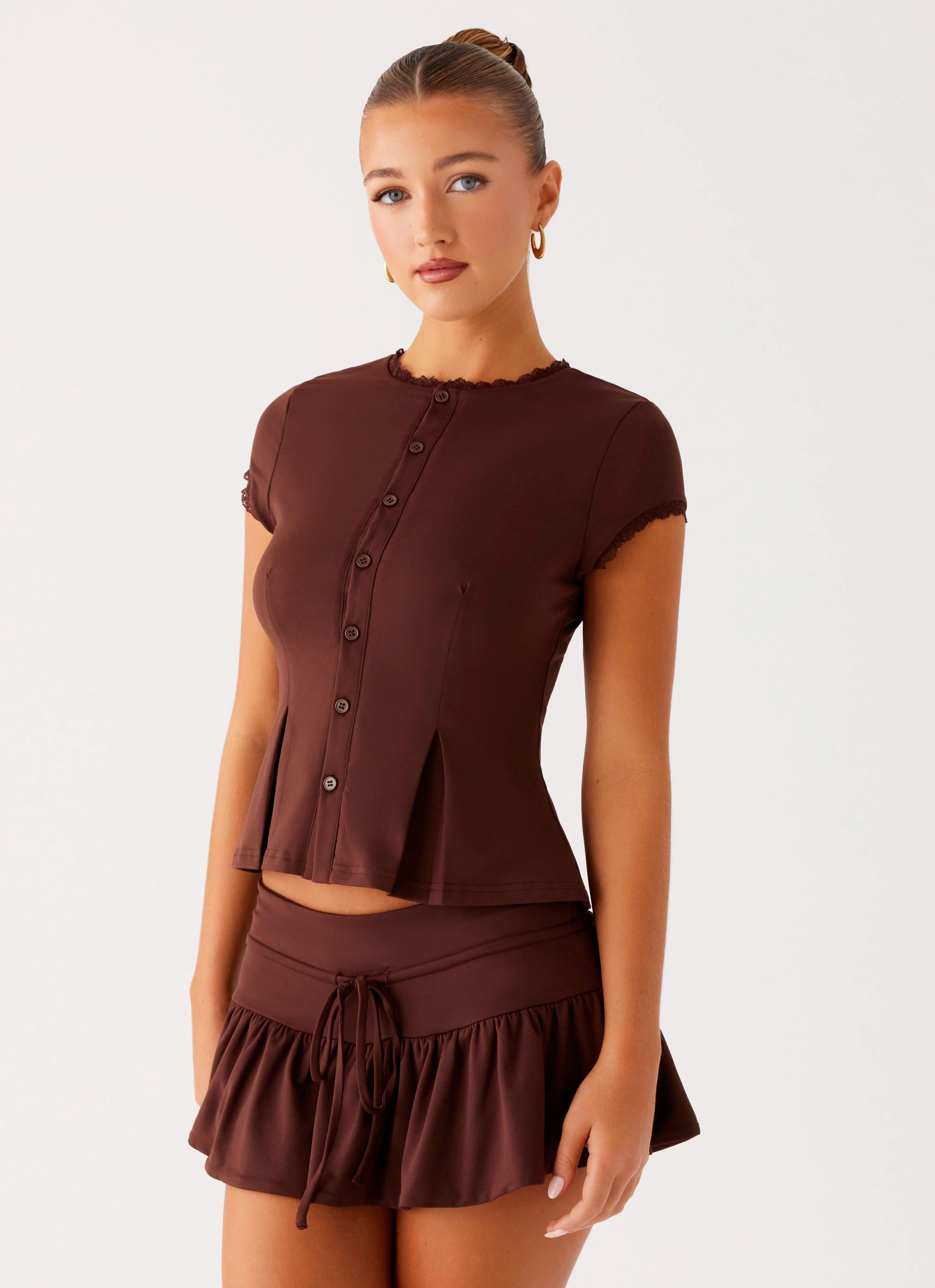 Landon Button Up Top - Chocolate LightweightWeave