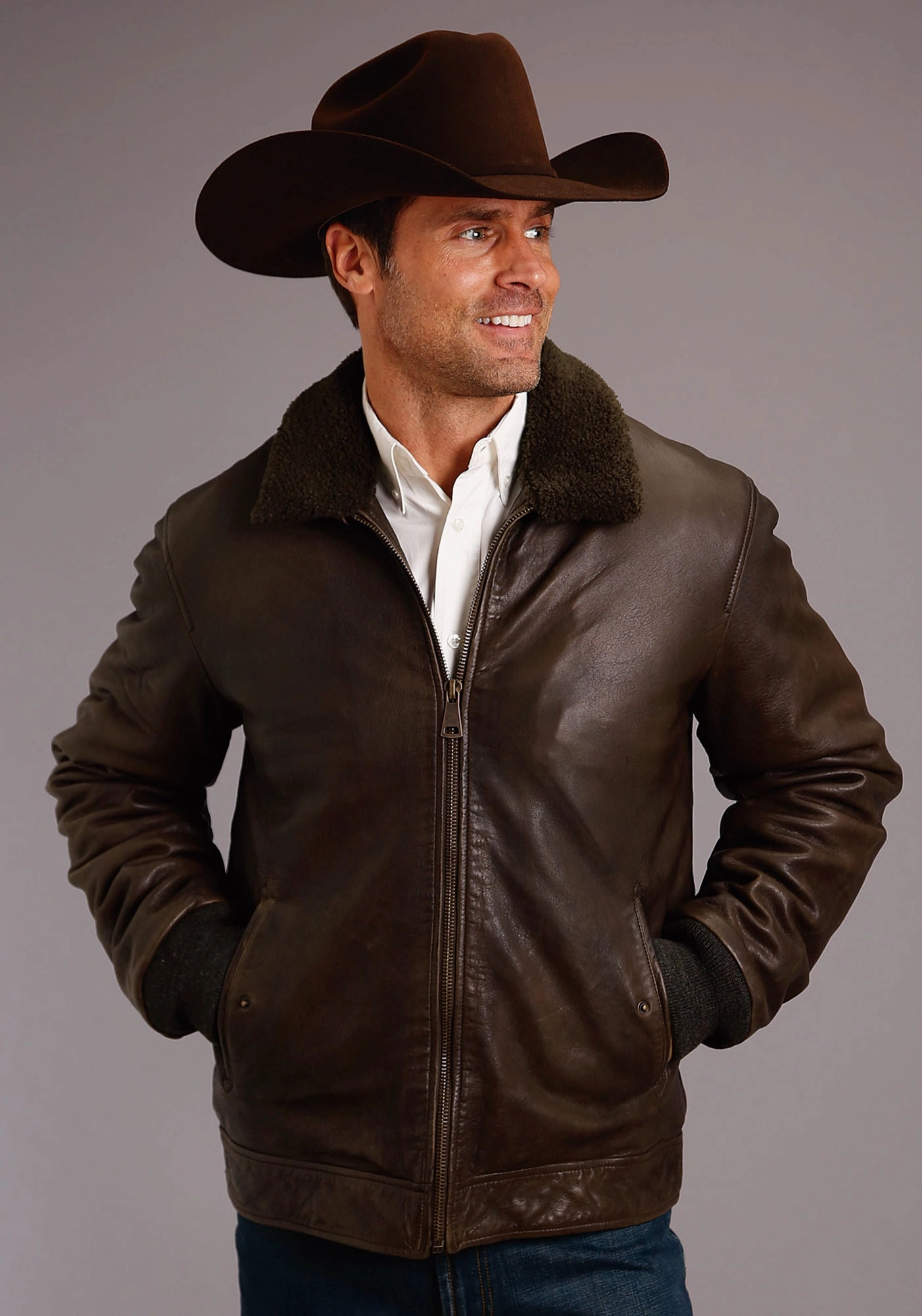 Travel Ready Look Stetson Mens Brown Leather Smooth Sherpa Jacket