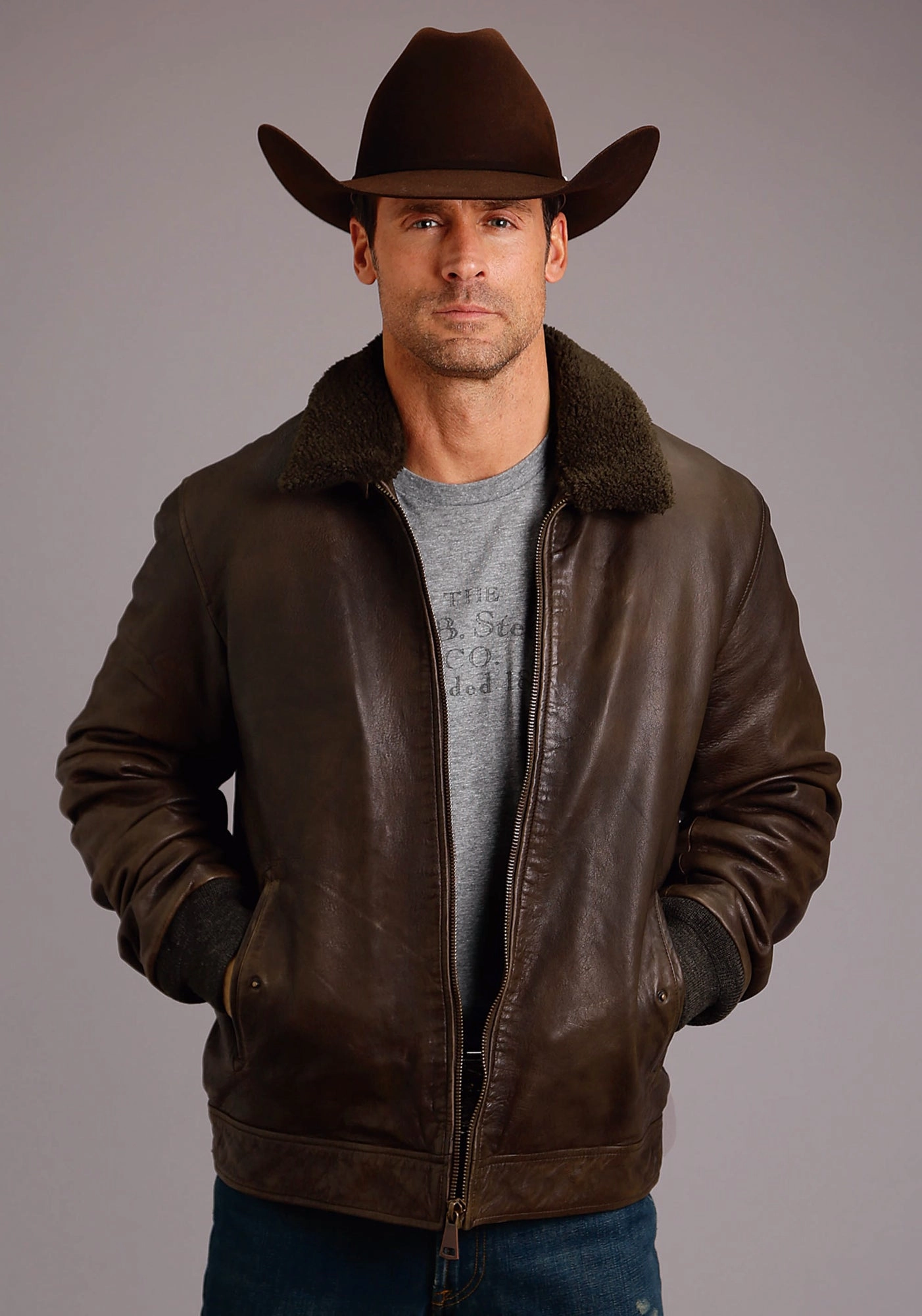 GlowInTheDarkAccents Stetson Mens Brown Leather Smooth Sherpa Jacket