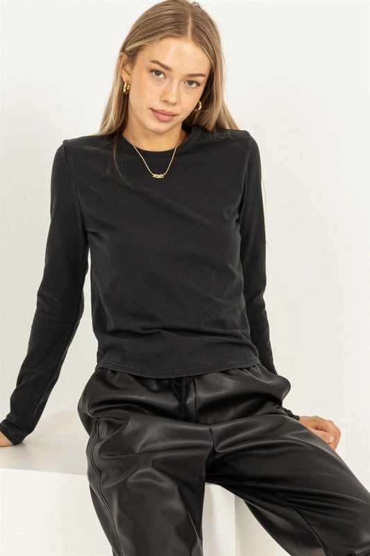 LAURA LONG SLEEVE ROUND HEM TOP Raw Hem Finish