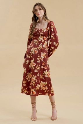 ElasticWaistband LAURIE FLORAL LONG SLEEVE SPLIT THIGH MIDI DRESS