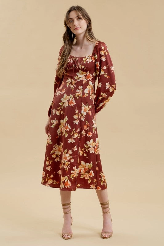 LAURIE FLORAL LONG SLEEVE SPLIT THIGH MIDI DRESS High-Fashion