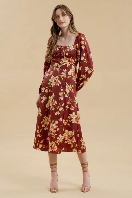 ElasticWaistband LAURIE FLORAL LONG SLEEVE SPLIT THIGH MIDI DRESS