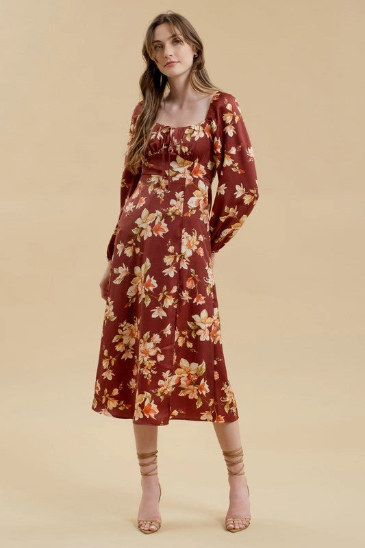 Subtle Stitch Easy Layering Piece LAURIE FLORAL LONG SLEEVE SPLIT THIGH MIDI DRESS