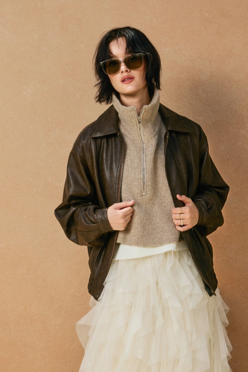 LowImpact Manufacturing Oversized Faux Leather Biker Jacket - Espresso