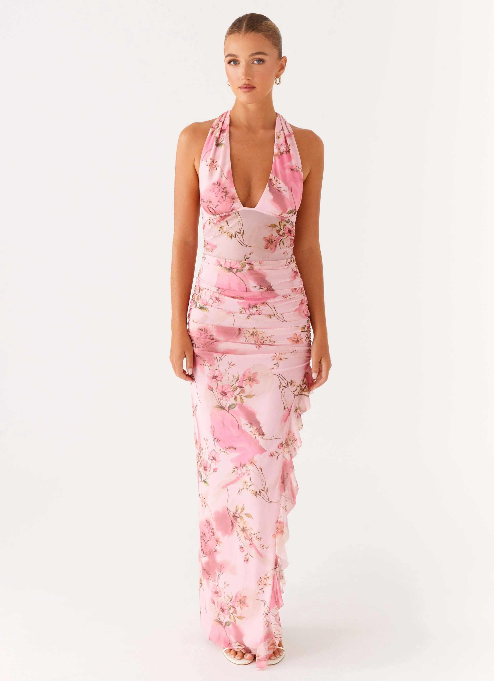 Work Flex Micca Halter Maxi Dress - Pink Floral Print