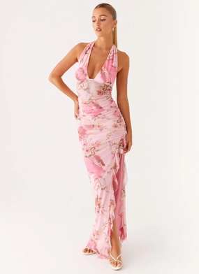 Micca Halter Maxi Dress - Pink Floral Print Balanced Tones Side-Pocket