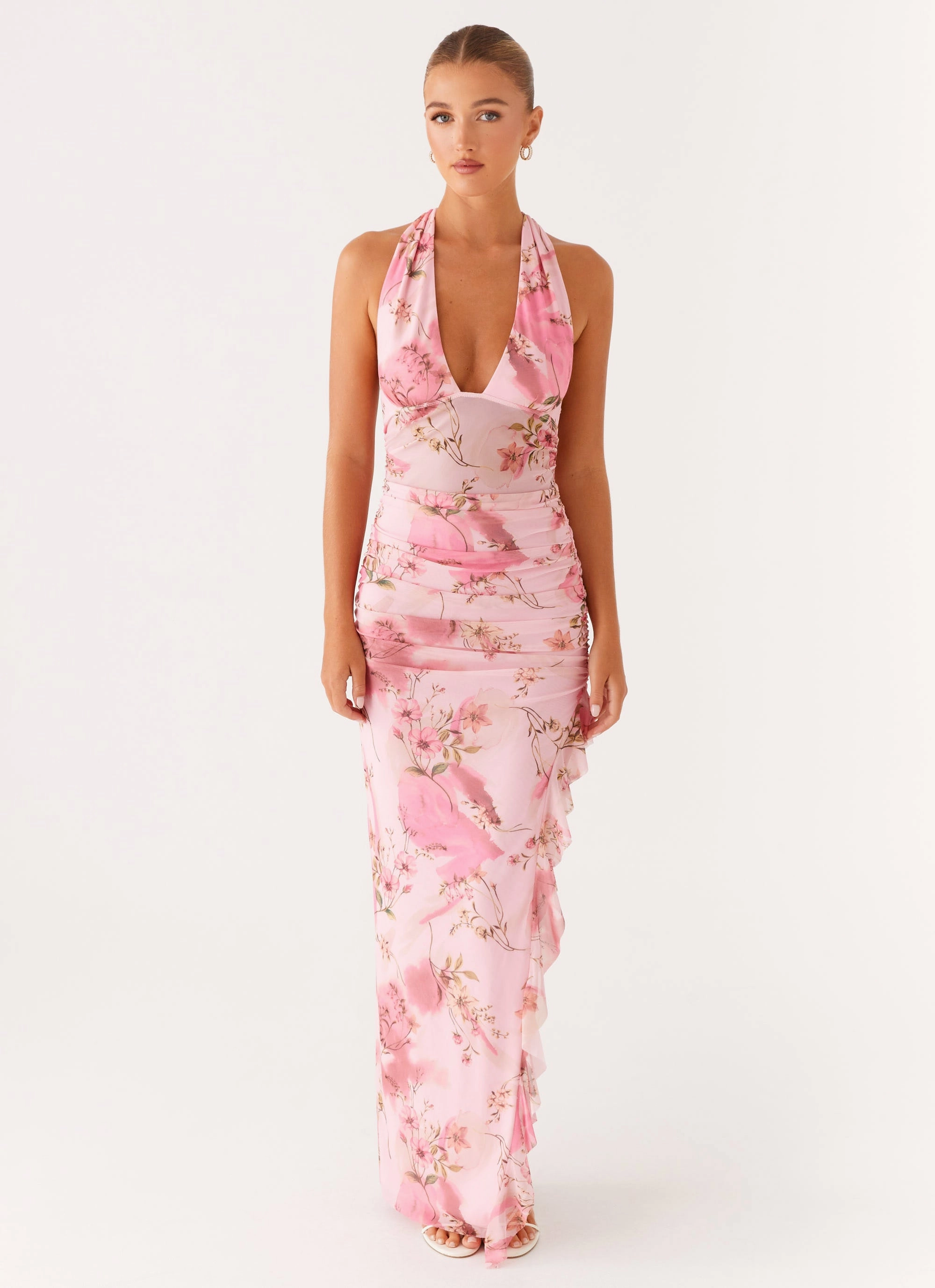 Micca Halter Maxi Dress - Pink Floral Print Shirred-Detail Romantic-Style