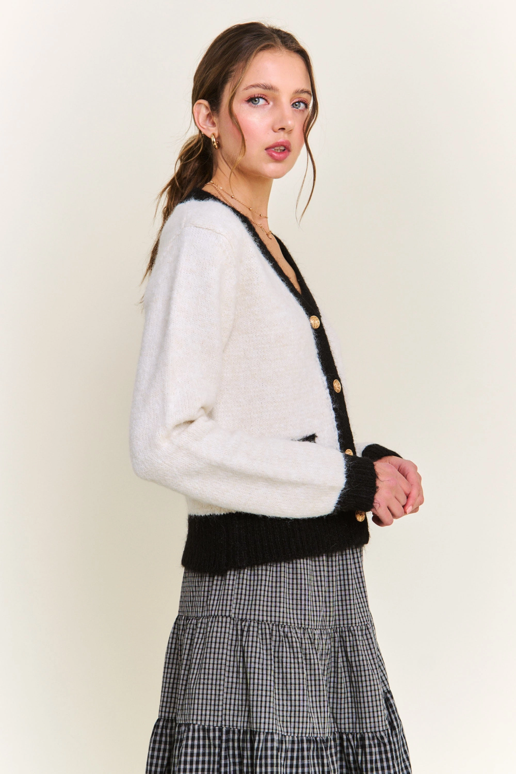 Cool Fabric Contrast Knit Button Cardigan