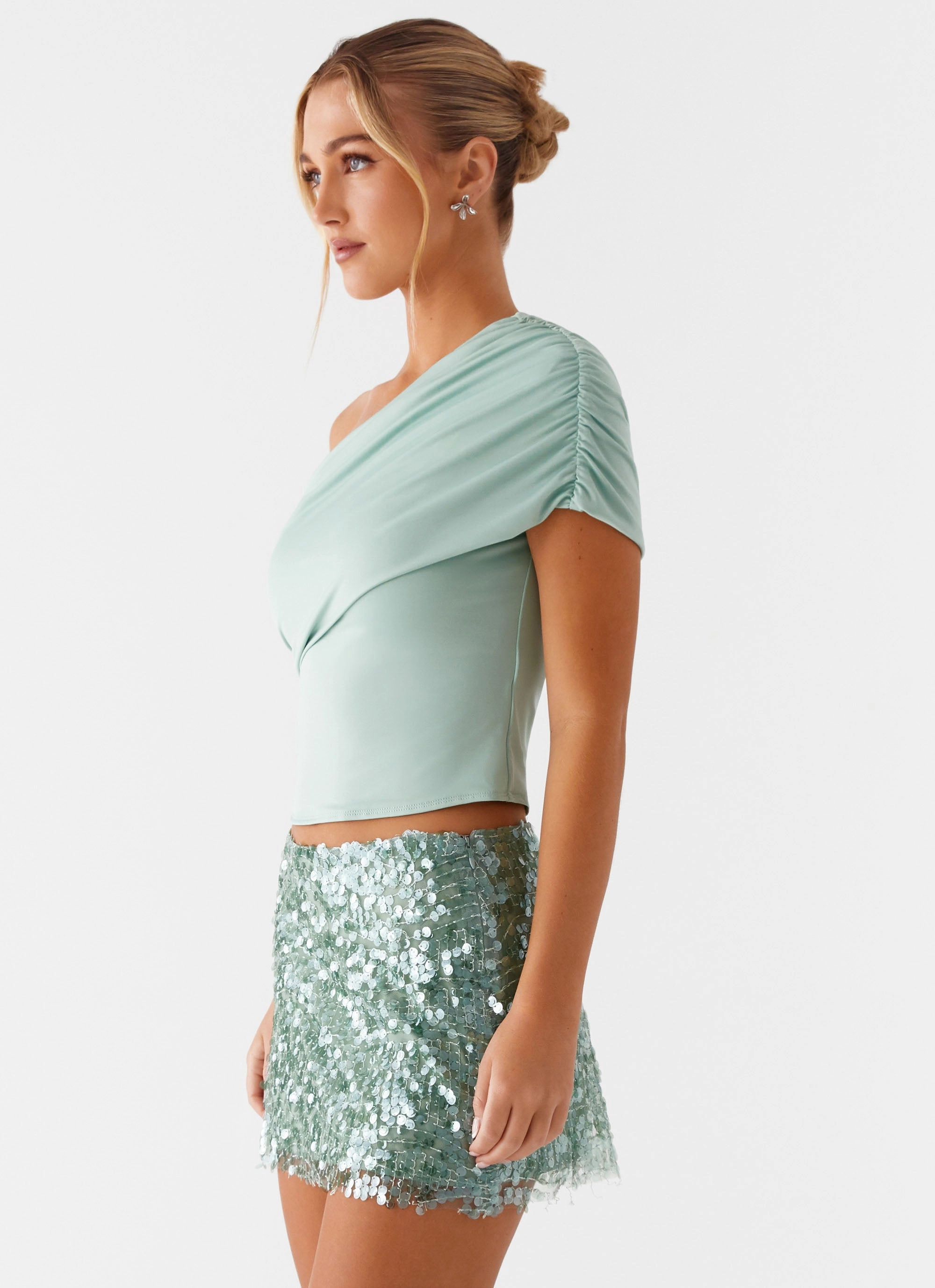 Islington One Shoulder Top - Mint Midweight Four Way Stretch Relaxed Blouse