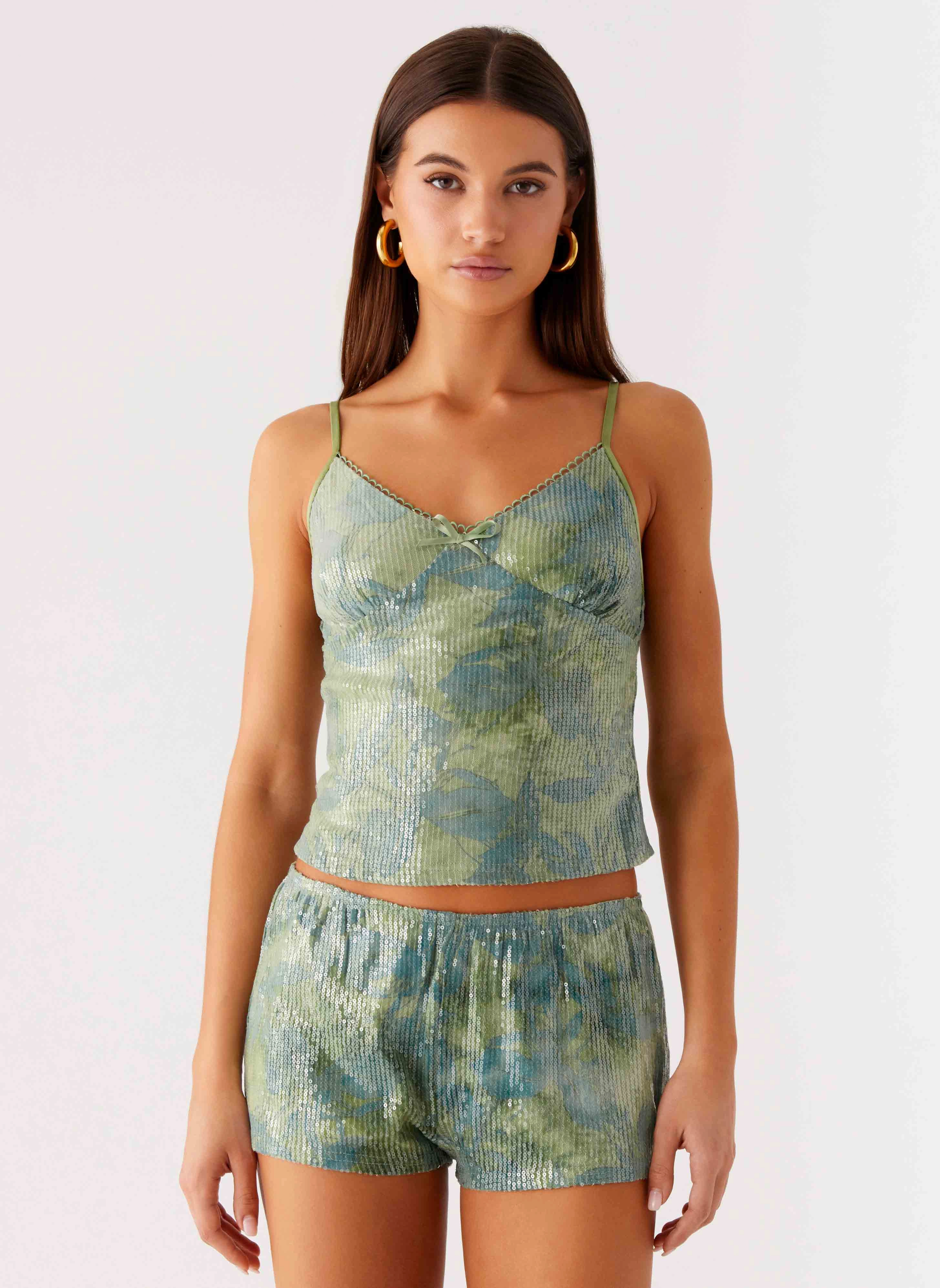 Ajean Sequin Cami Top - Lime Blood MultiPocket Configuration Basic Tank