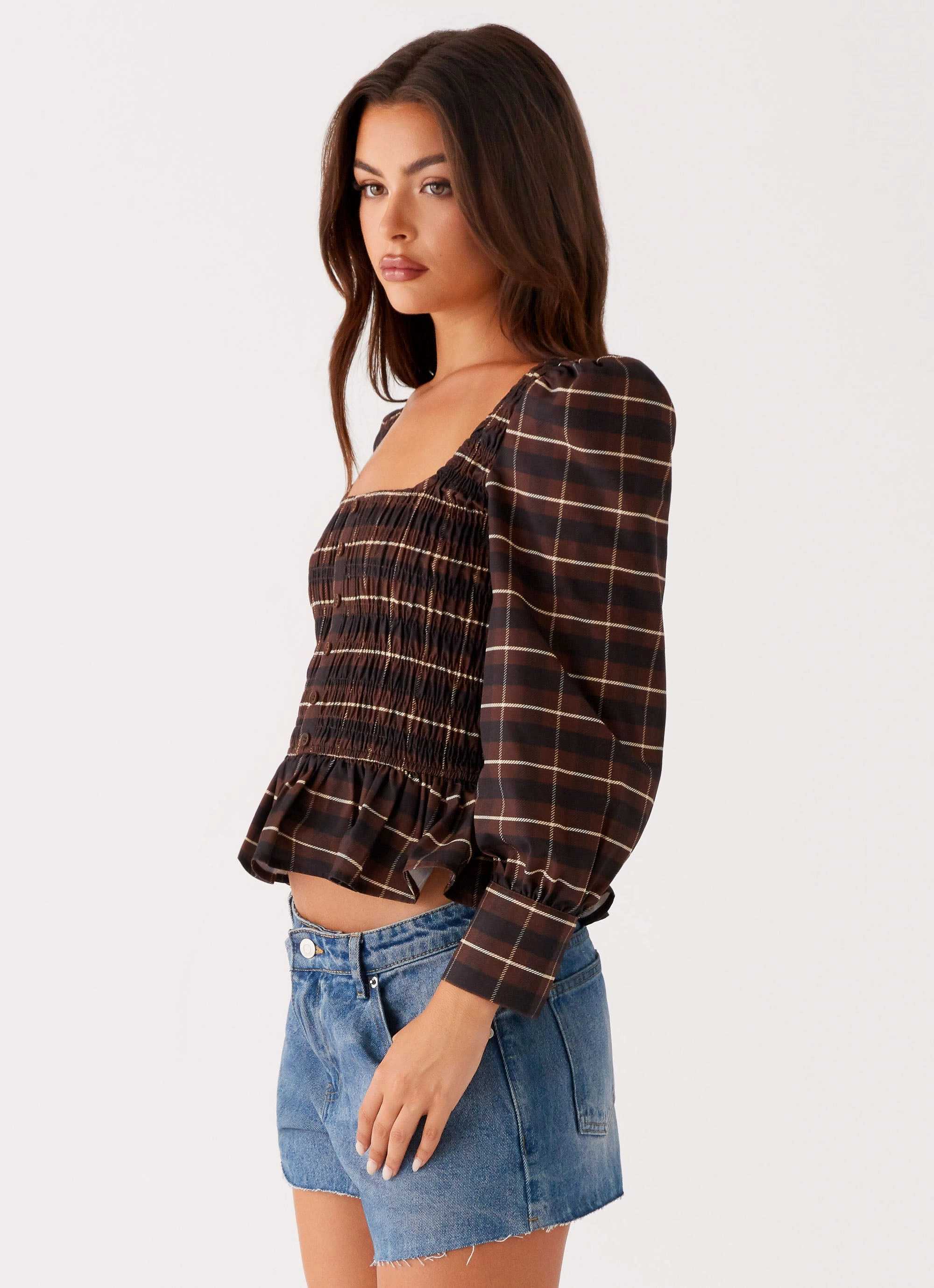 UltravioletProtectionFabric Joyce Long Sleeve Shirred Top - Chocolate Check