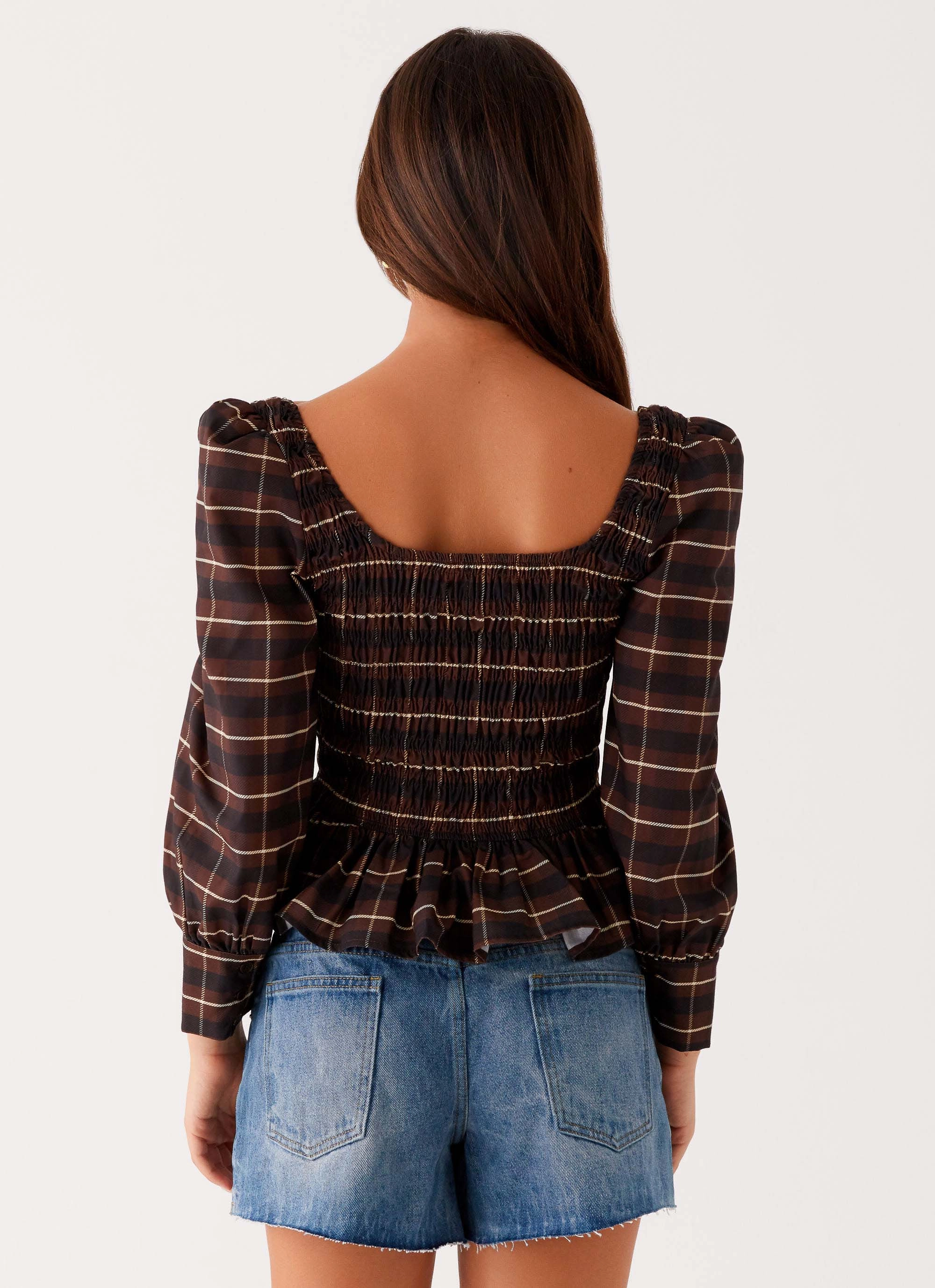 Joyce Long Sleeve Shirred Top - Chocolate Check Basic Tee