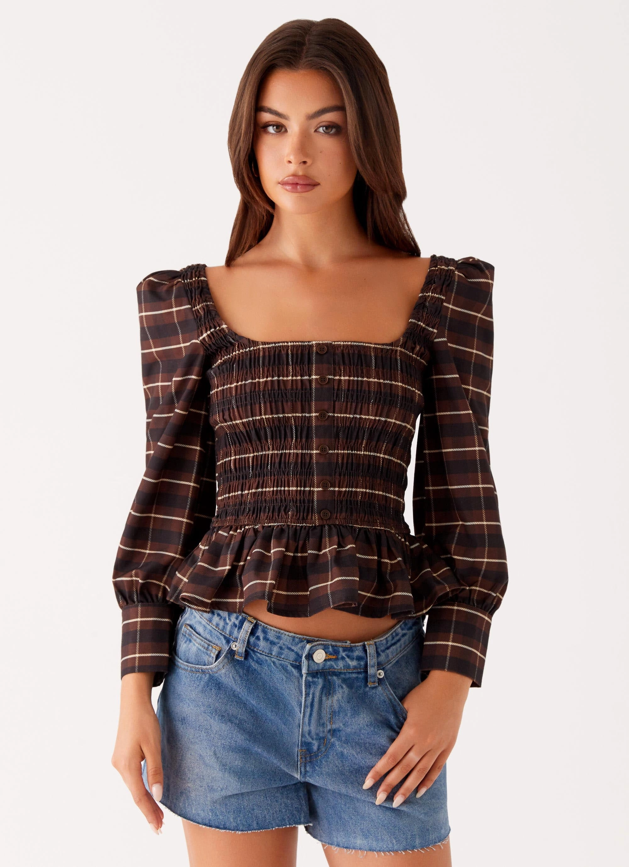 PaddedInsulation Joyce Long Sleeve Shirred Top - Chocolate Check