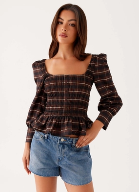 Joyce Long Sleeve Shirred Top - Chocolate Check Anti Static Treatment