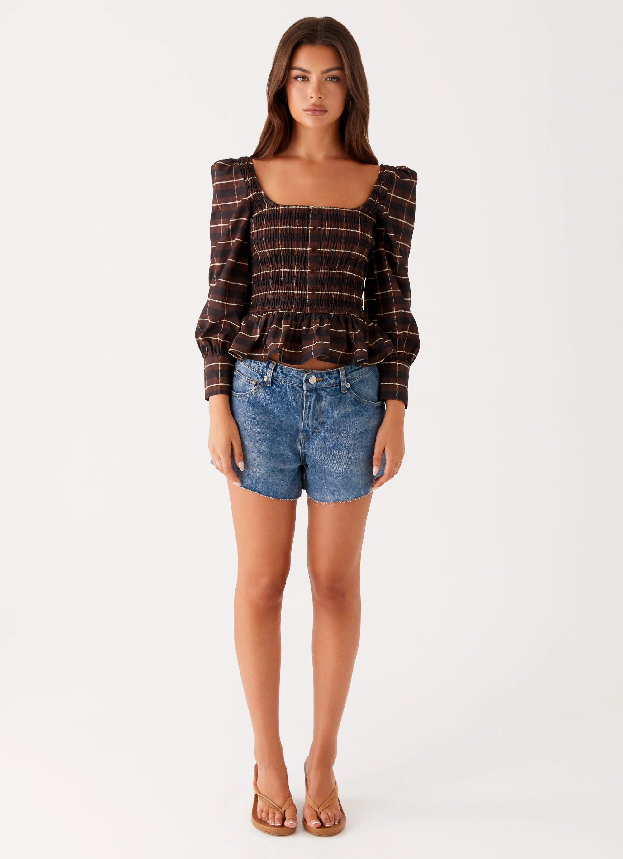 HighDensityFoam Contrast Stitch Accent Joyce Long Sleeve Shirred Top - Chocolate Check