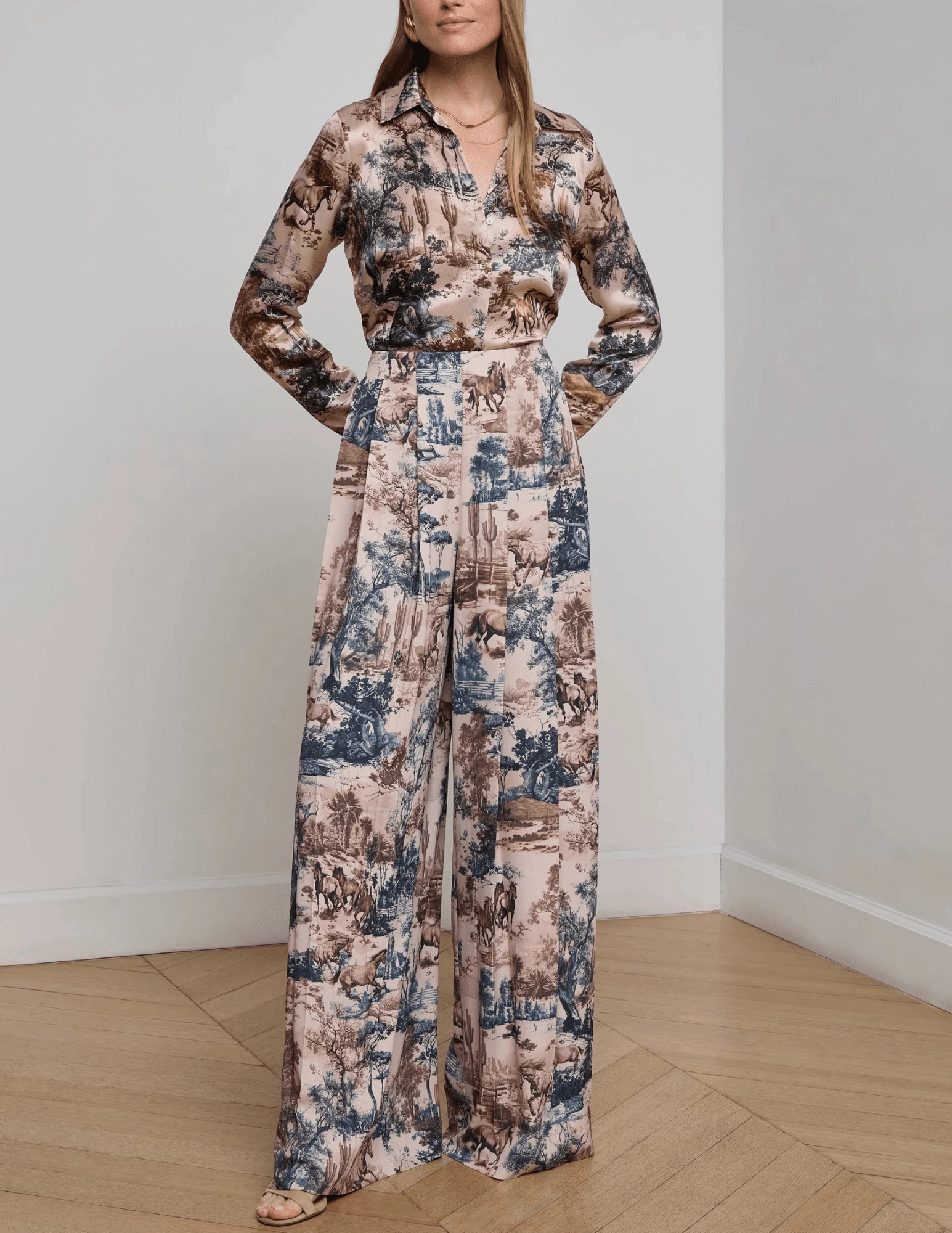 Flattering Style L'AGENCE Nova Pleated Wide Leg Pant in Tan Multi Western Toile