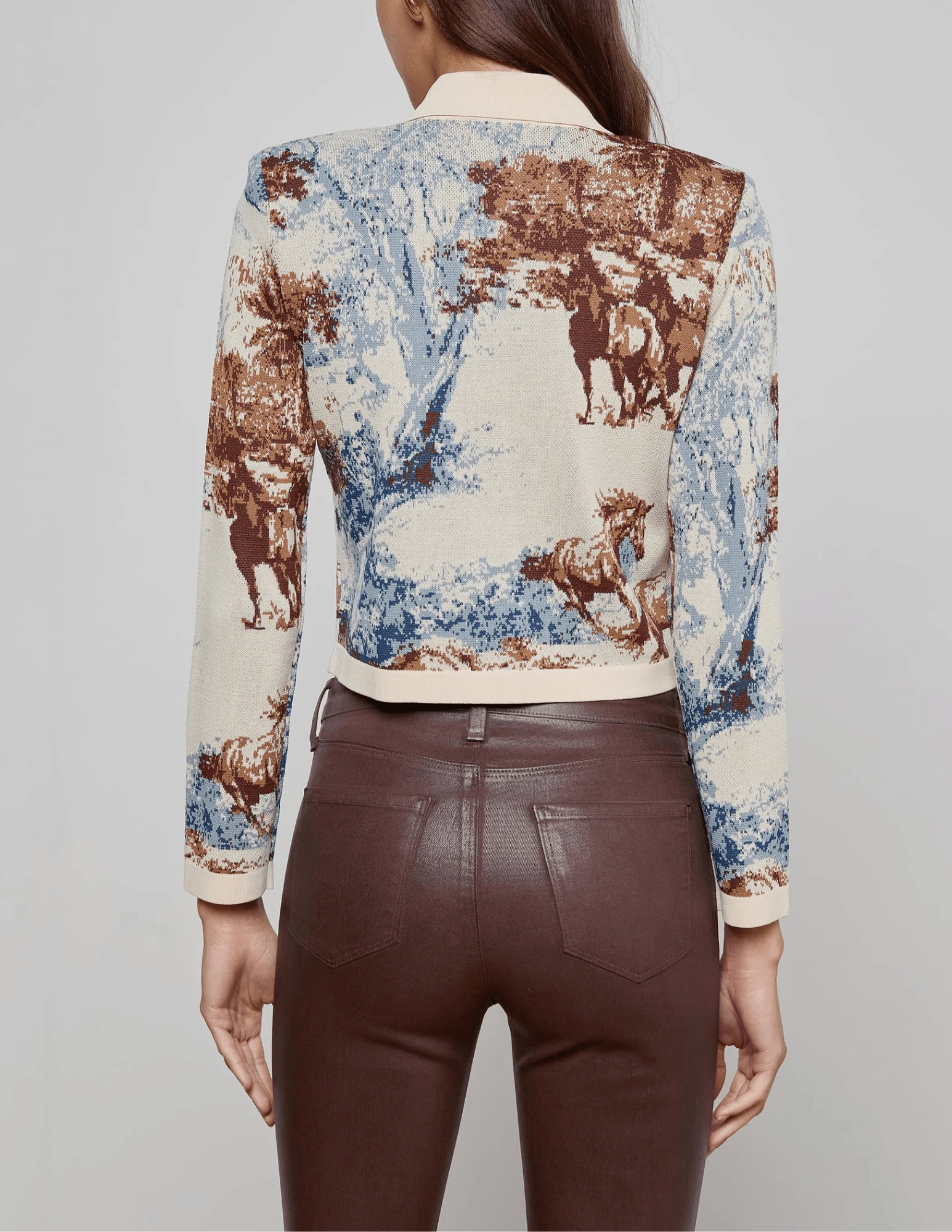 Feminine Cut All Occasion L'AGENCE Osiris Jacquard Cardigan in Tan Multi Western Toile