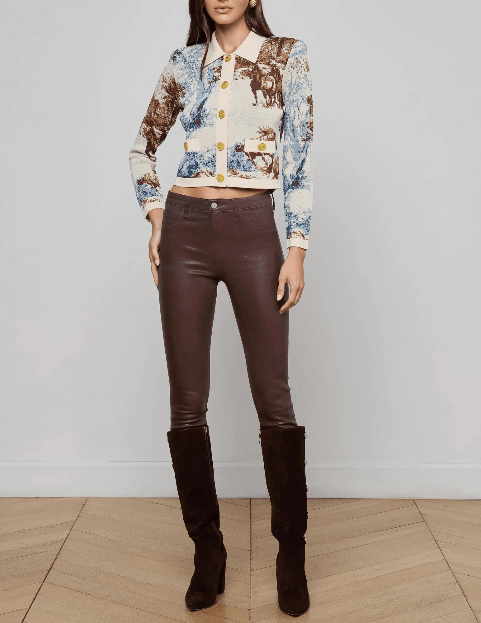 Easy Care AdjustableDrawstring L'AGENCE Osiris Jacquard Cardigan in Tan Multi Western Toile
