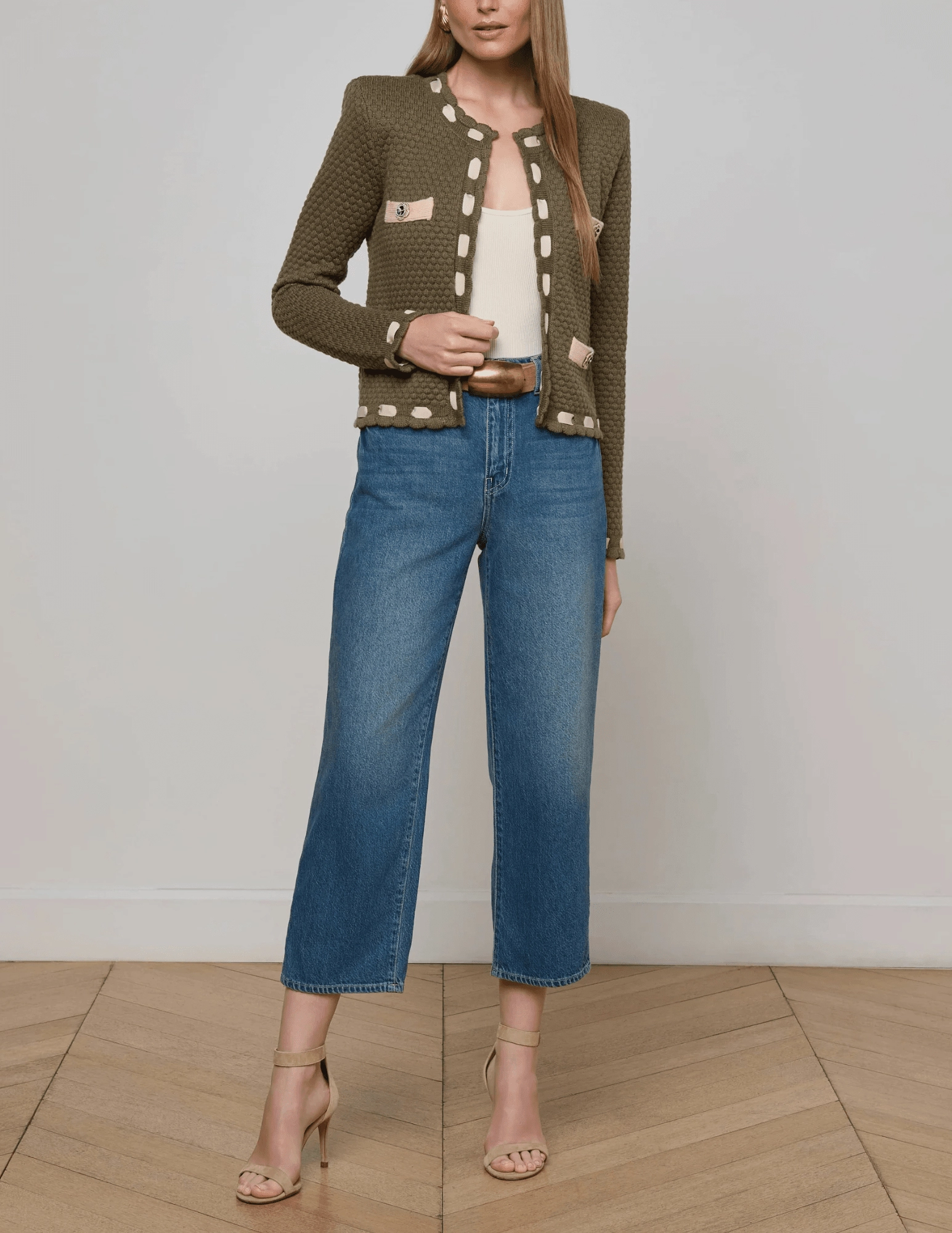 L'AGENCE Astor Contrast Trim Cardigan in Army Biscuit Snug Fit Knit