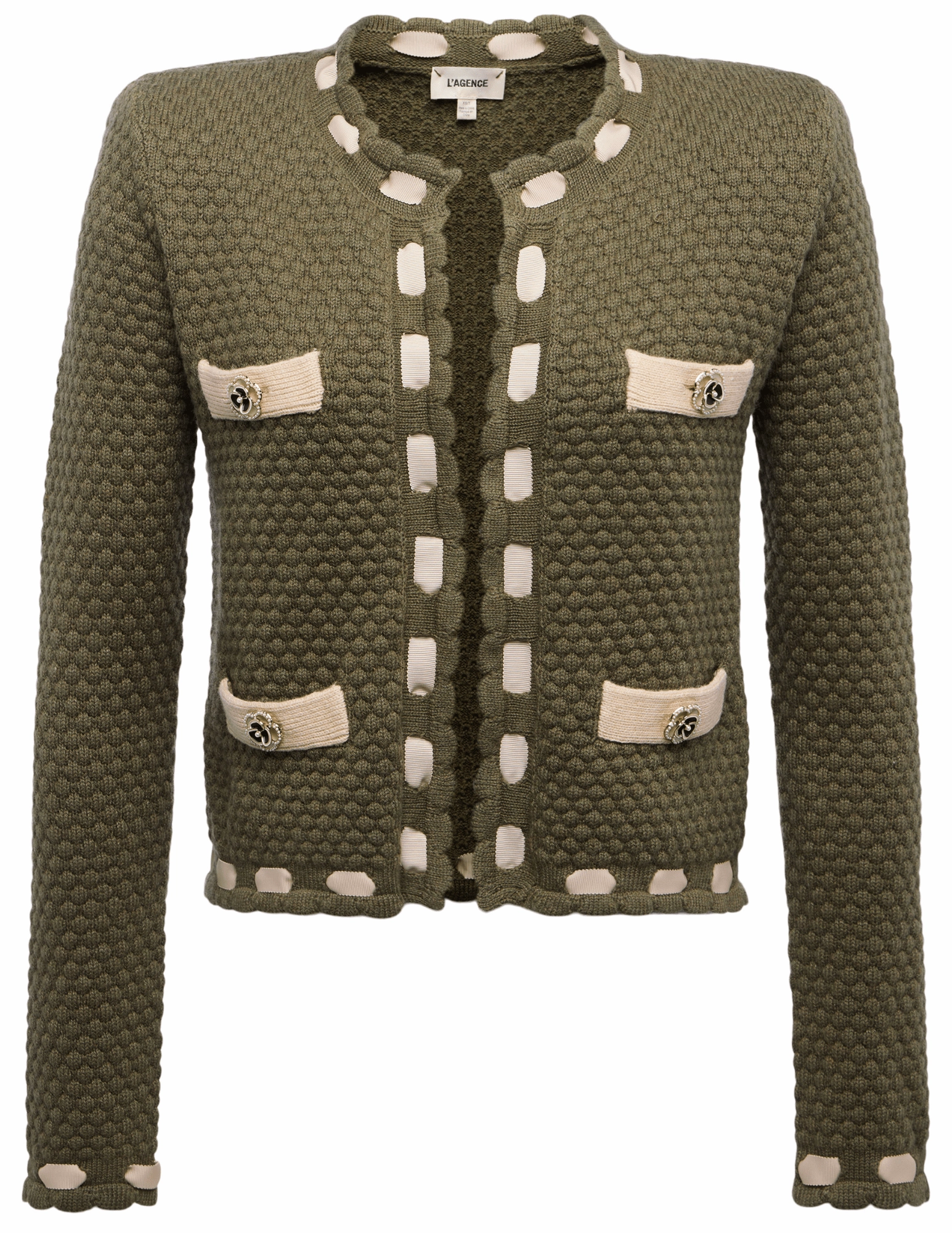 L'AGENCE Astor Contrast Trim Cardigan in Army Biscuit Wide Shoulder Cut