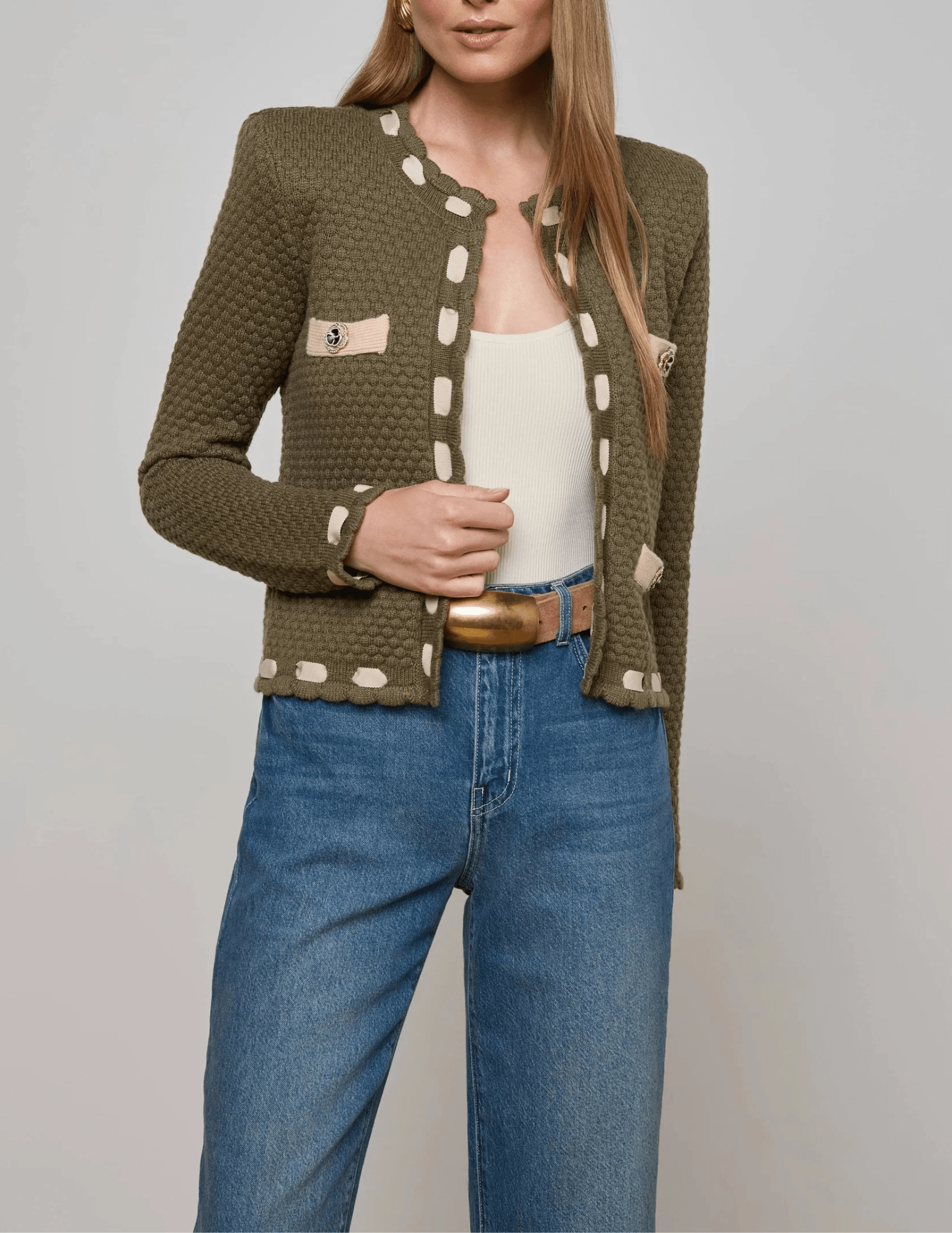 Gripper Waistband Effortless Layer L'AGENCE Astor Contrast Trim Cardigan in Army Biscuit