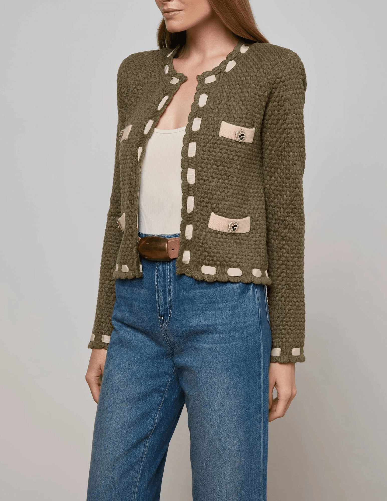L'AGENCE Astor Contrast Trim Cardigan in Army Biscuit Smart Design