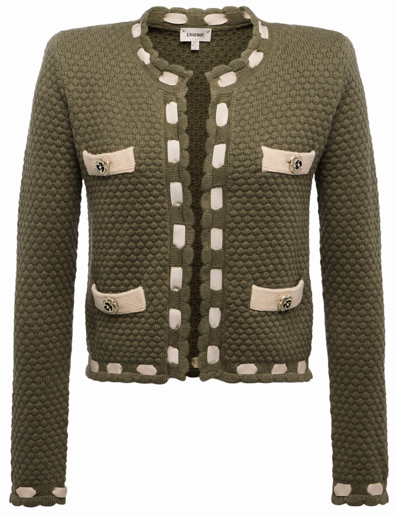 L'AGENCE Astor Contrast Trim Cardigan in Army Biscuit Fresh Fit Organic Cotton