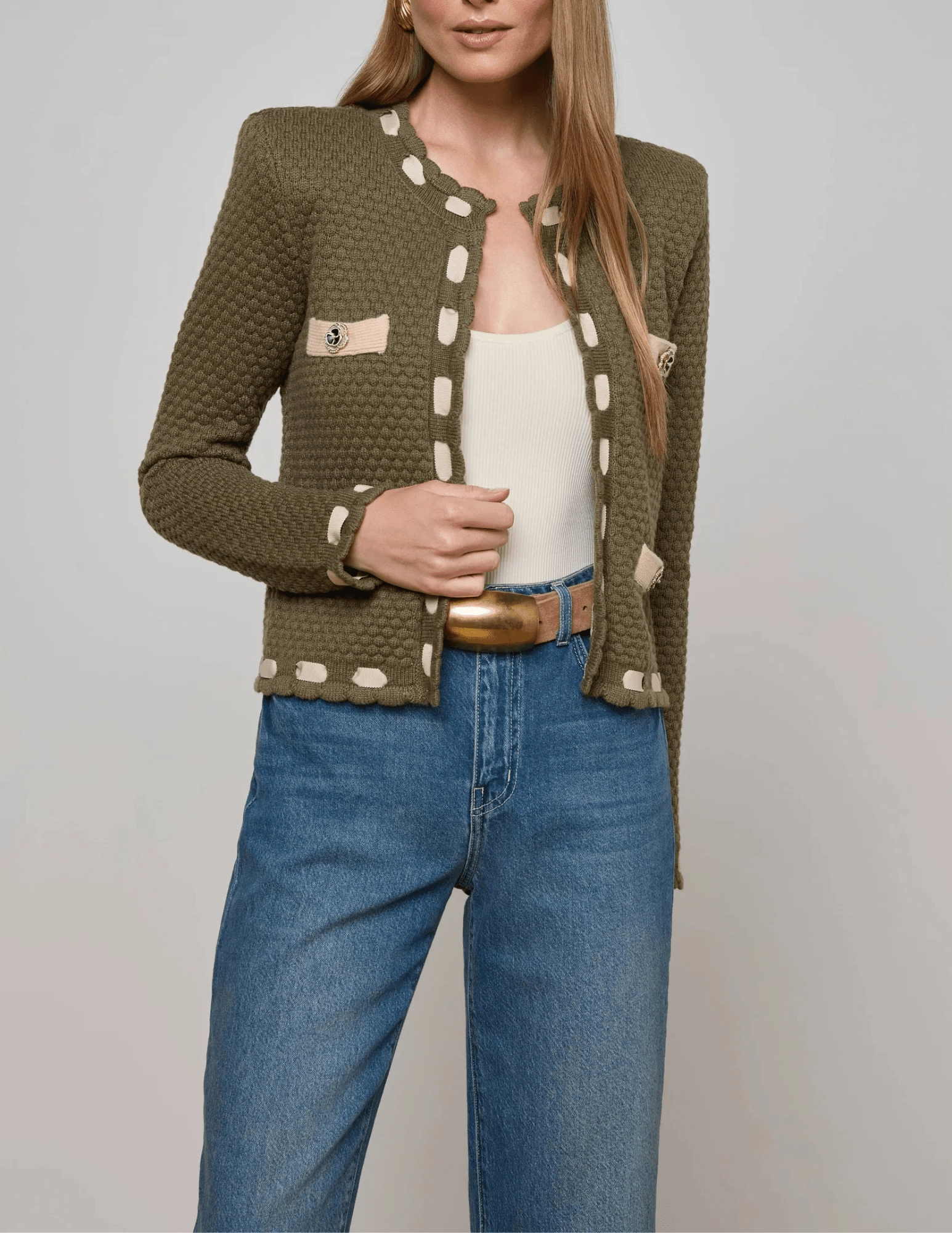 L'AGENCE Astor Contrast Trim Cardigan in Army Biscuit Cozy Comfort