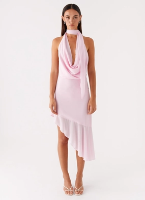Layna Scarf Midi Dress - Pink Satin Finish QuickDryTechnology